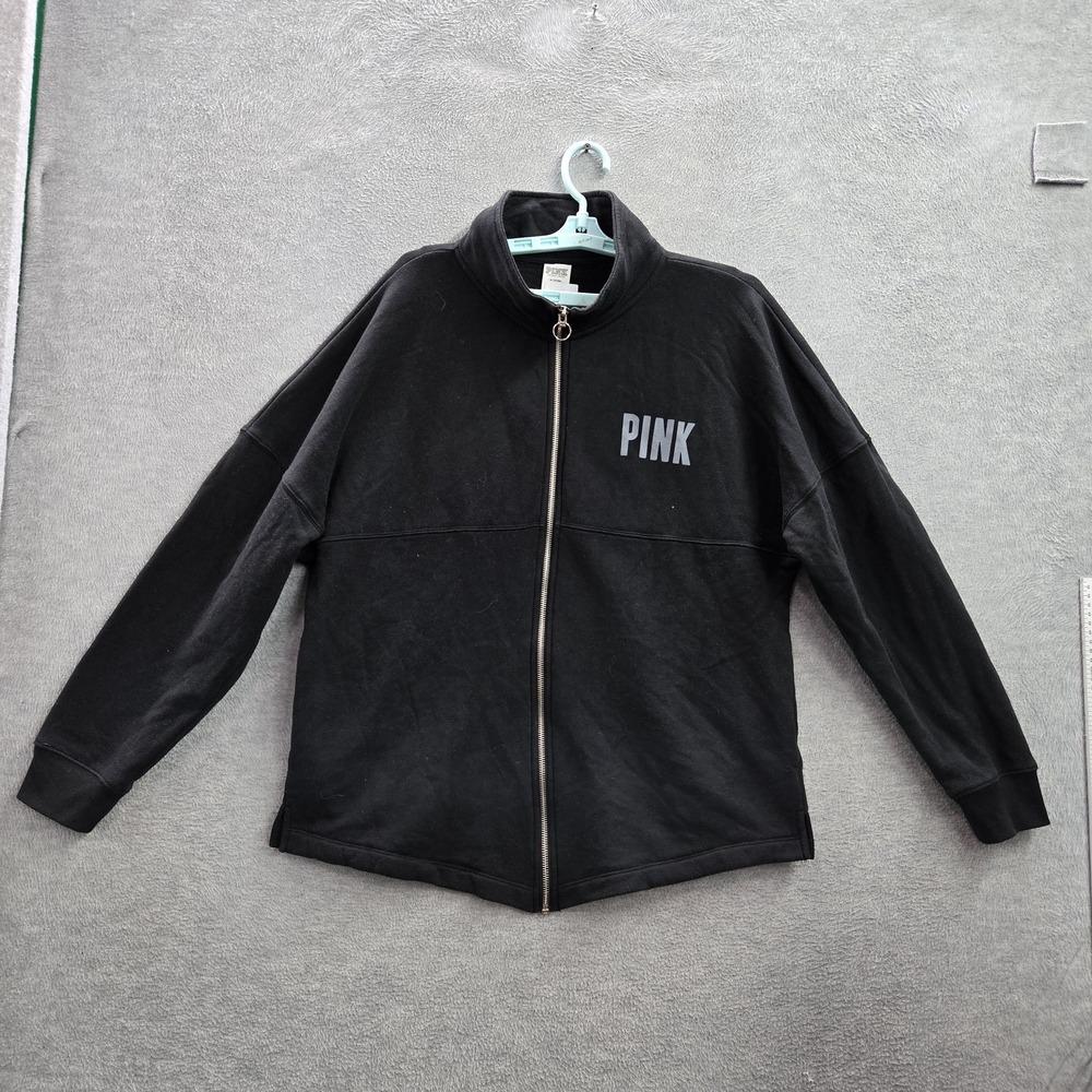 Victoria's Secret PINK Women Sweatshirt‎ M Black Activewear Logo Zipper